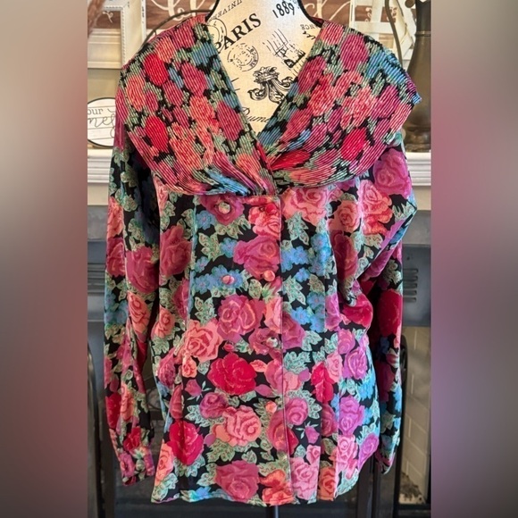 Tops - Eva Laurel Vintage Blouse Punk Floral Button Front Pleated Wide Draped Collar 14